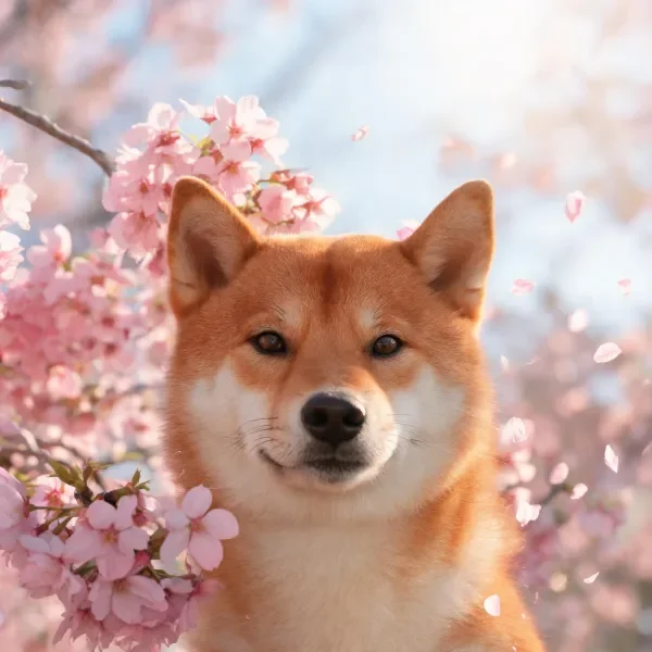 狆犬于樱花枝旁的特写镜头
