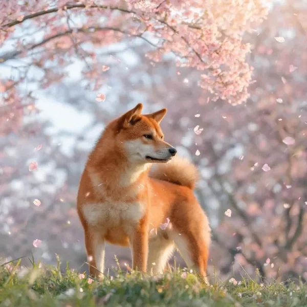 日本柴犬站立姿态，浅棕色皮毛在樱花林下柔和光线照射下，周围有飘落的樱花花瓣。