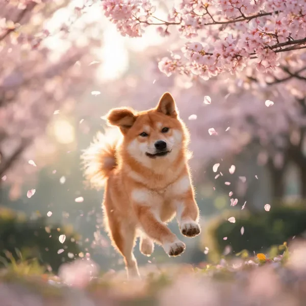 柴犬在樱花树下奔跑,蓬松的棕白毛发与飘落的花瓣形成鲜明对比。