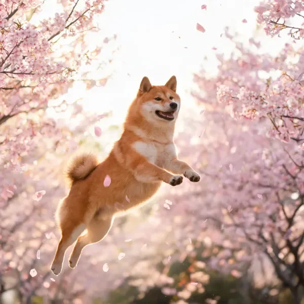 一只浅棕色的狆犬在樱花丛中跳跃,周围飘落着粉色花瓣,毛发蓬松柔软。