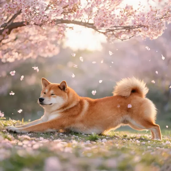 柴犬伸展姿态于樱花下，暖棕色毛发在阳光照射下显得柔软，周围飘落着粉色樱花花瓣。