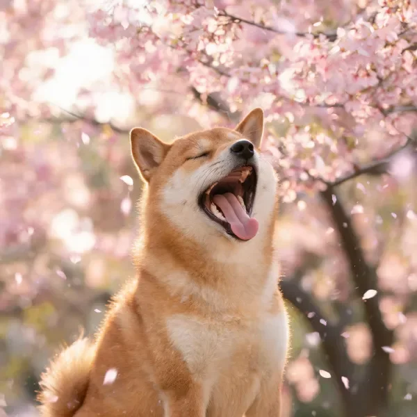 柴犬大张着嘴巴打哈欠，浅棕色毛发在樱花背景下显得格外醒目。