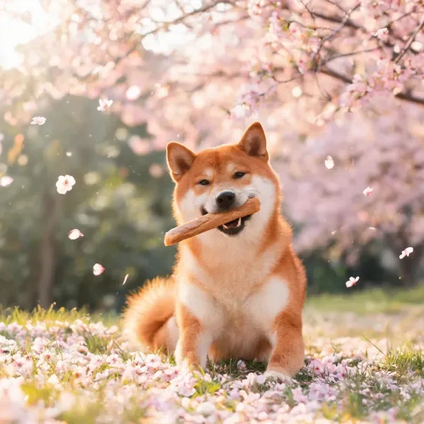柴犬叼着木棍，棕白相间的毛发清晰可见，周围散落着樱花花瓣。
