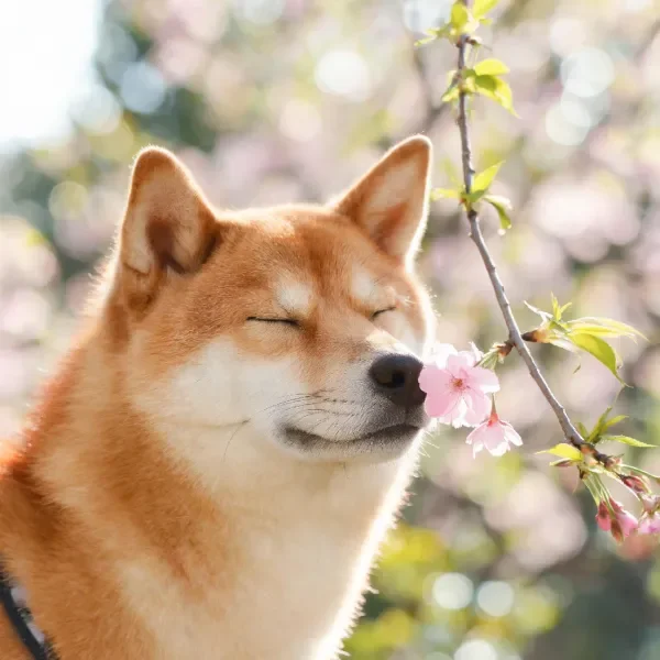 樱花旁闭眼嗅闻的柴犬特写