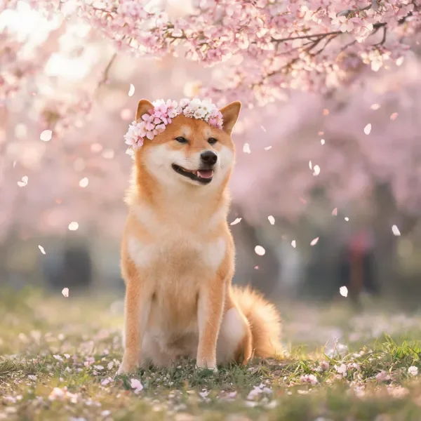 一只柴犬头顶戴着由粉色花朵组成的花环，正坐在樱花树下，周围有飘落的樱花花瓣。