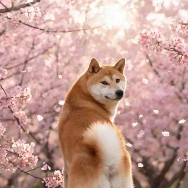 柴犬背部棕白相间的毛发在樱花背景下显得格外醒目，周围飘落的樱花花瓣清晰可见。