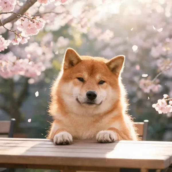 柴犬浅棕白相间毛发柔软,前爪轻搭木质桌面,樱花飘落背景中。