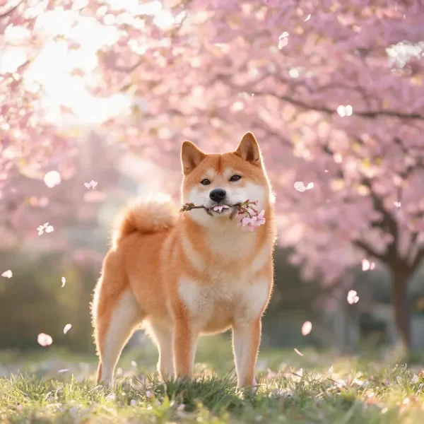 一只柴犬嘴里叼着粉色樱花枝,红棕色带白色斑纹的被毛在阳光下显得柔软。