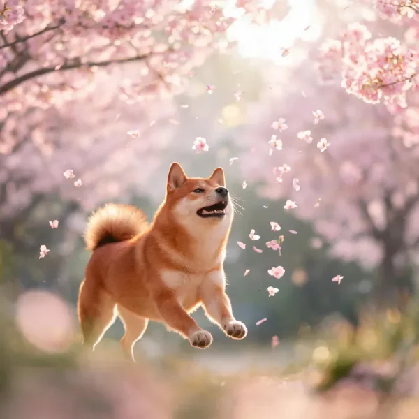 一只橘白相间的柴犬在樱花飘落时欢快跳跃，毛发蓬松且带有光泽。