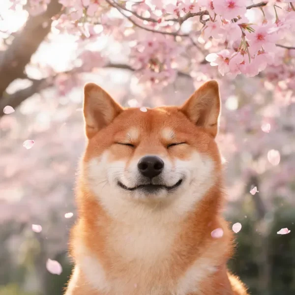 这只柴犬闭着眼睛面带微笑,橙色的毛发蓬松柔软,周围有樱花花瓣飘落。