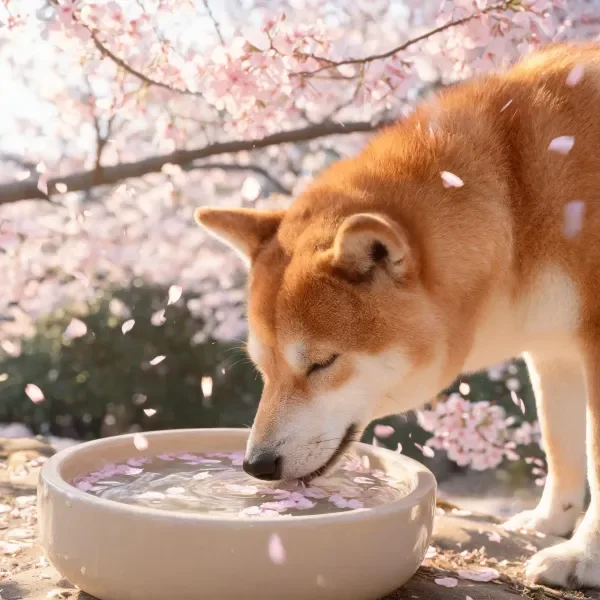 雪印柴犬低头饮用水中，浅棕色皮毛上沾有粉色樱花瓣。