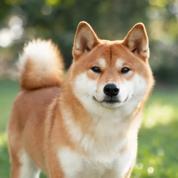 柴犬有着红棕色带白色斑纹的被毛,耳朵竖立且目光专注。