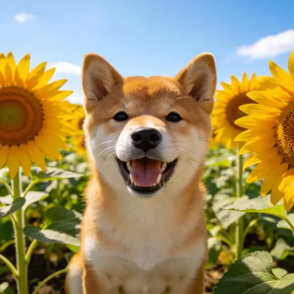 柴犬在向日葵花田中，浅棕色皮毛与明亮黄色花朵相邻，嘴巴张开露出牙齿和舌头。