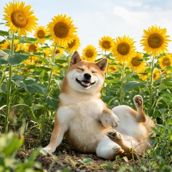 阳光下的向日葵花田中柴犬休憩场景
