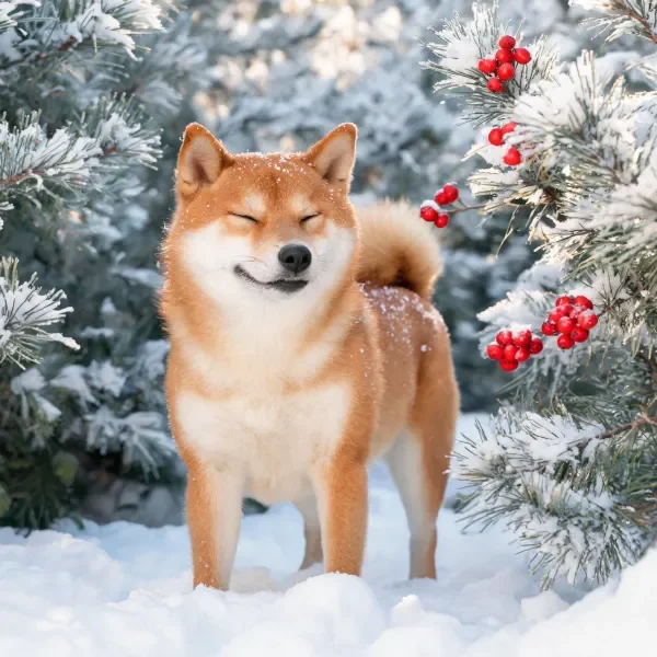 柴犬站立在雪地中,浅棕色毛发上沾有雪花,面带微笑的表情清晰可见。