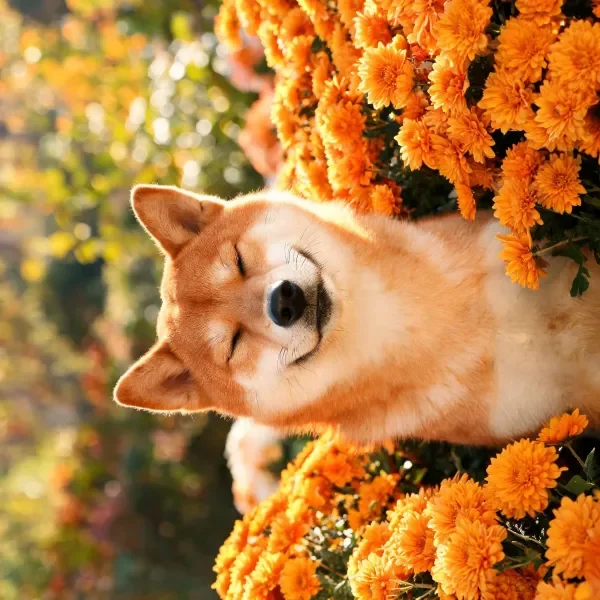 柴犬闭眼躺卧在色彩明艳的橙色花卉丛中,浅棕色皮毛与花卉形成鲜明对比。