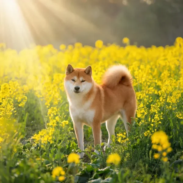 阳光花田中的柴犬站立姿态