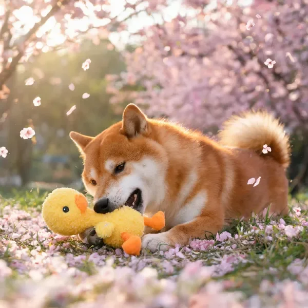 柴犬咬住黄色绒布小鸭玩具，皮毛短而浓密，周围散落着樱花花瓣。