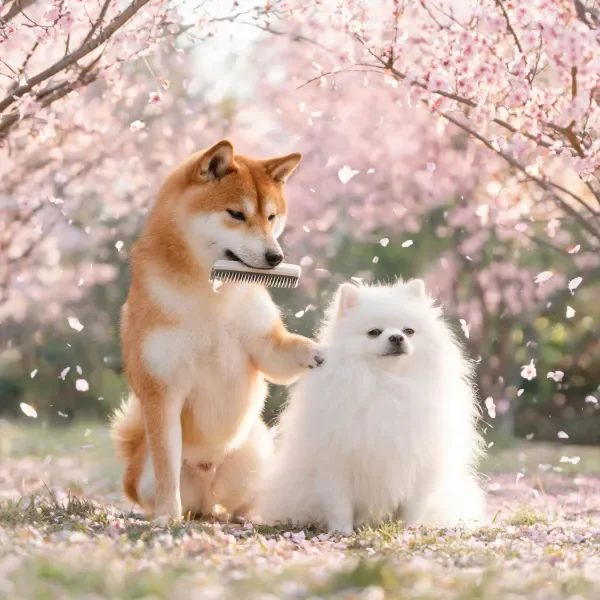 柴犬给博美犬梳毛于樱花树下