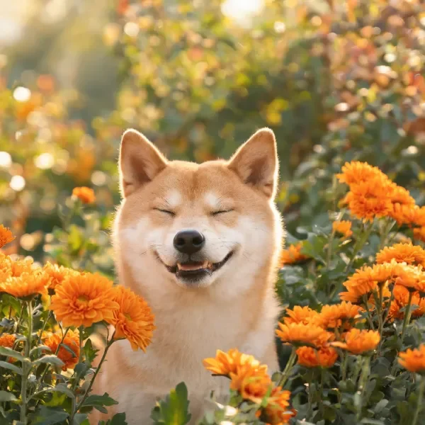 一只秋田犬闭眼微笑处于橙色花卉丛中，浅棕色毛发与明亮花朵形成鲜明对比。