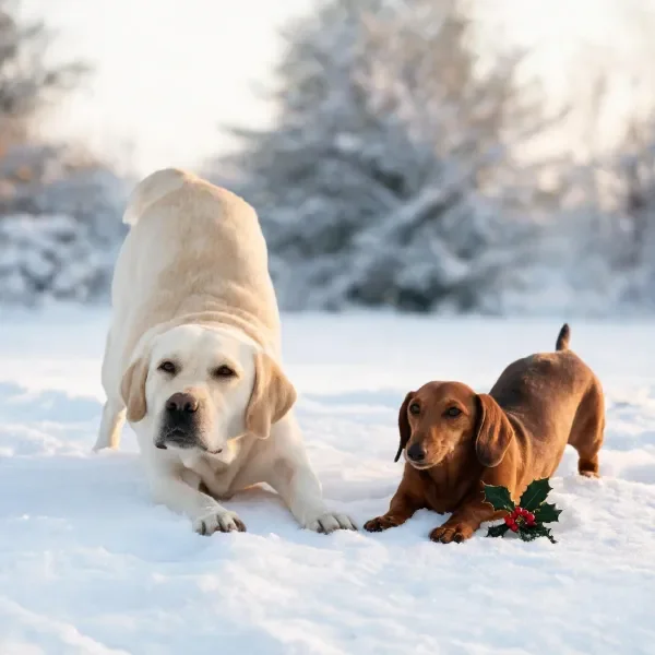 雪地中白色拉布拉多犬与棕色腊肠犬并排趴卧,腊肠犬身旁有一株带有红色浆果的冬青植物。
