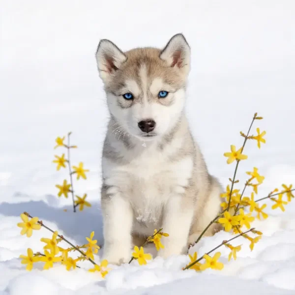 西伯利亚雪橇犬幼崽与黄花雪地场景