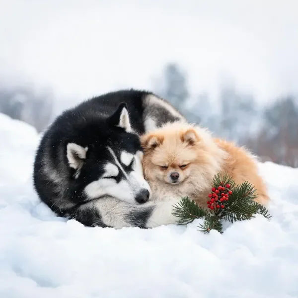 西伯利亚雪橇犬与博美犬依偎而卧,西伯利亚雪橇犬黑白毛发清晰,博美犬浅棕色毛发蓬松柔软。