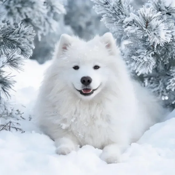 萨摩耶犬有着蓬松洁白的毛发,正安静地坐在积雪中,周围是覆盖着雪的松树。