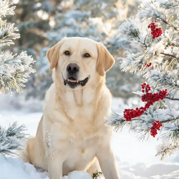 一只浅黄色的拉布拉多犬坐在雪地上，周围有被白雪覆盖的松枝和红色浆果。