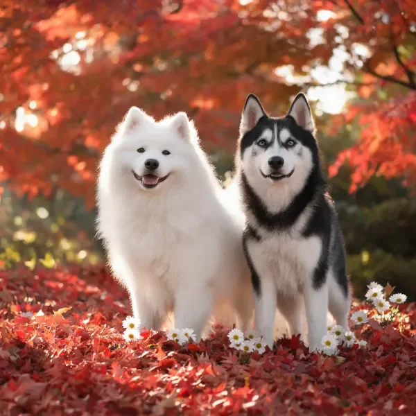 萨摩耶与西伯利亚雪橇犬秋日花丛合影特写