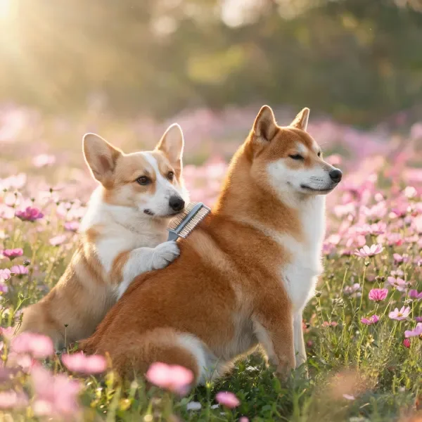 两犬花卉丛中互动场景