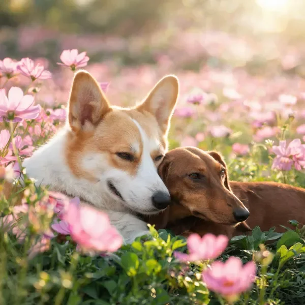 柯基犬和腊肠犬依偎在一起，柯基犬有白棕相间的毛发，腊肠犬短毛呈深褐色，周围是盛开的粉色花朵。