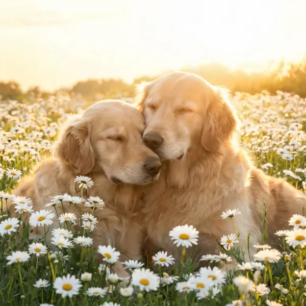 两只金毛寻回犬依偎在一起,浅金色皮毛在暖光下显得柔软,周围是盛开的雏菊花朵。