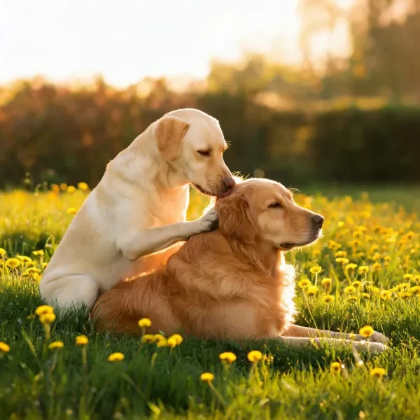 拉布拉多犬与金毛犬草地互动场景