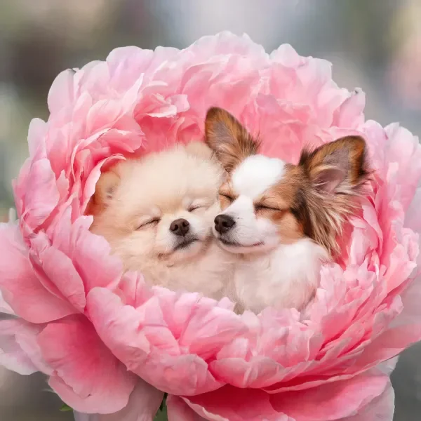 博美犬与吉娃娃犬在粉色芍药花中安静休息，吉娃娃犬的长耳朵轻触芍药花瓣边缘。