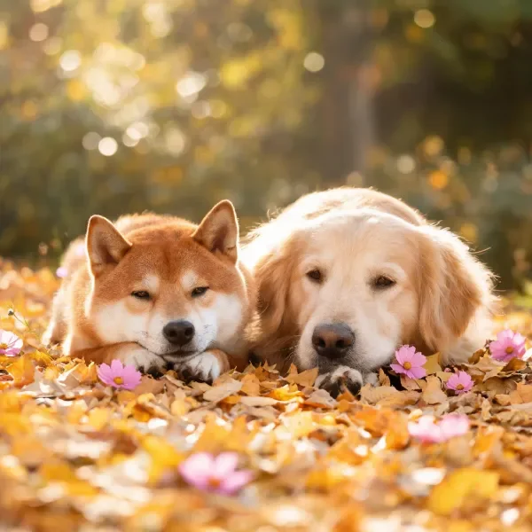 柴犬与金毛寻回犬趴在金黄落叶与小花之间,柴犬耳朵竖立,金毛寻回犬毛发蓬松贴在落叶上。