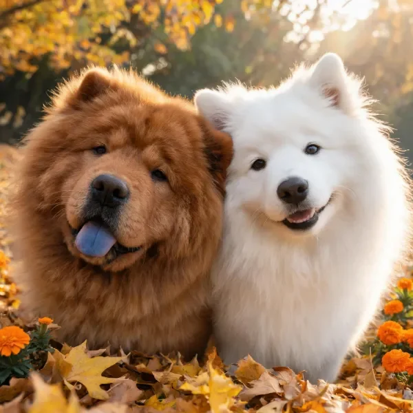 中华冠毛犬与萨摩耶犬并肩而坐,中华冠毛犬的棕色卷毛清晰可见,萨摩耶犬的白毛蓬松柔软,周围是金黄色的落叶和橙色花朵。
