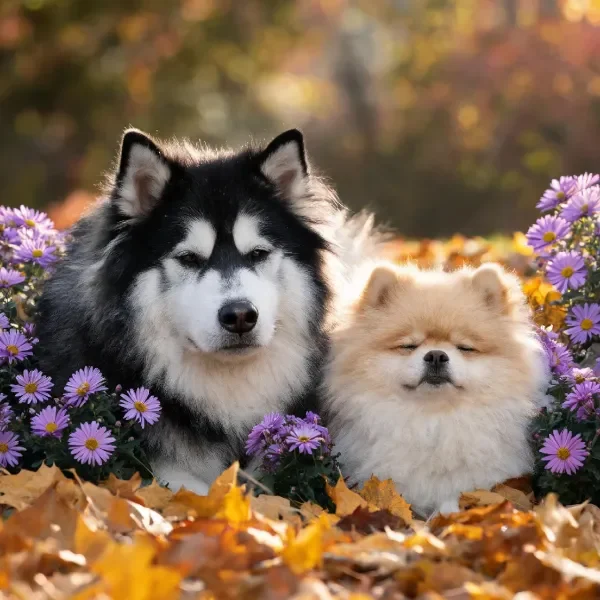 阿拉斯加雪橇犬和博美犬在紫色花卉间相伴,阿拉斯加雪橇犬毛发蓬松,博美犬闭眼享受暖光。