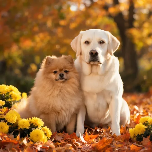 拉布拉多犬与博美犬并肩而坐，白色皮毛光滑，浅棕色博美犬毛发蓬松，周围有黄色菊花和秋日落叶。