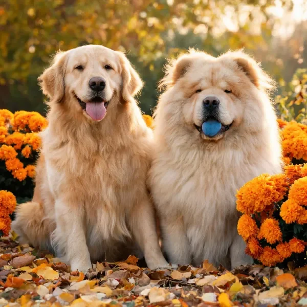 沙皮犬毛发浓密,口中含蓝色玩具,身旁是长毛金毛犬,周围有橙色花卉和落叶。