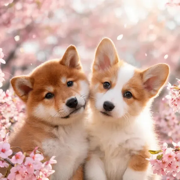 樱花树下两只幼犬,其中狆犬幼崽毛发呈浅棕色,彭布罗克威尔士柯基幼犬身体有白色与浅棕色斑块,耳朵均竖立。