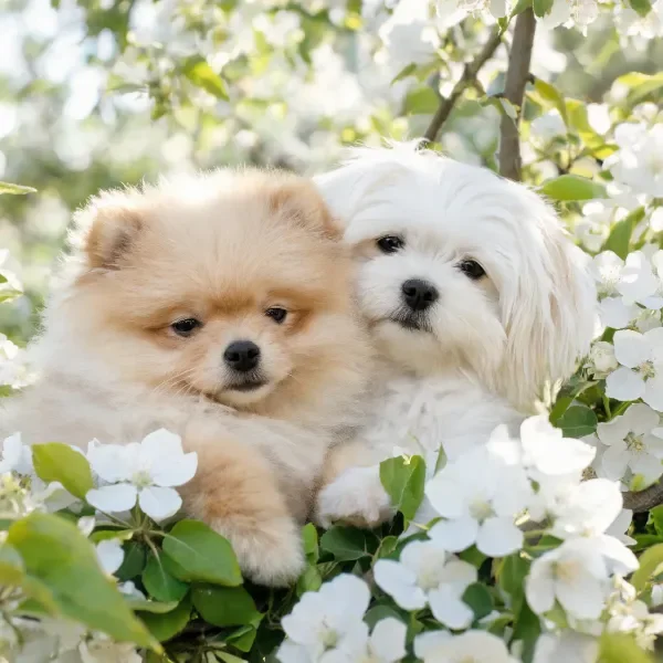 浅棕色博美犬与白色马尔济斯犬依偎在花卉丛中,博美犬蓬松毛发贴附在胸前。