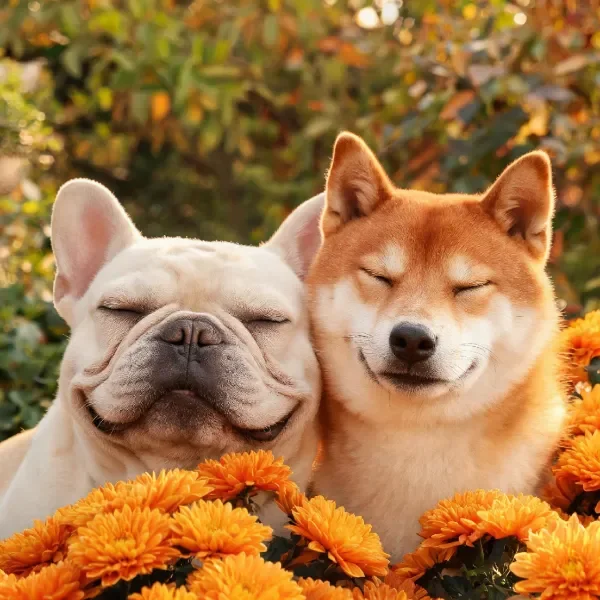 法国斗牛犬与狩猎柴犬在橙色菊花旁,法国斗牛犬面部褶皱清晰,狩猎柴犬毛发柔顺。