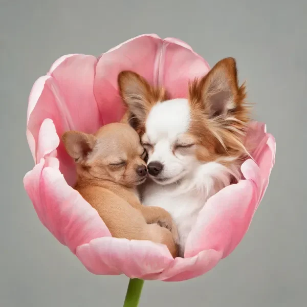 吉娃娃犬与郁金香花苞内的休息场景