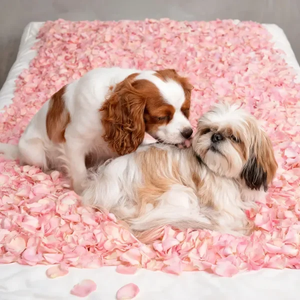 查理王猎犬和西施犬在粉色花瓣床上互动,查理王猎犬的舌头轻触西施犬背部,毛发蓬松柔软。