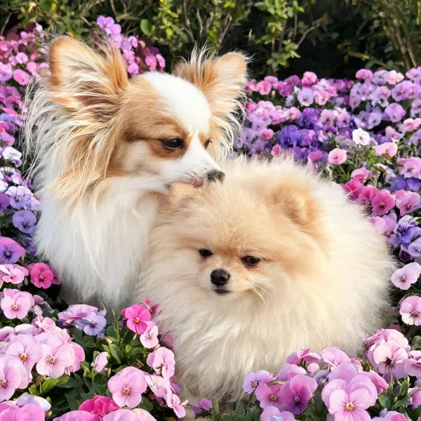 博美犬有着浓密蓬松的奶油色毛发，正安静地依偎在长毛吉娃娃身旁，周围环绕着粉紫色花朵。