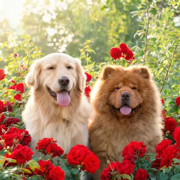 两只犬只于玫瑰花丛中静坐