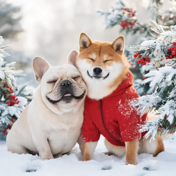雪地场景中，穿着红色连帽衫的柴犬与法国斗牛犬闭眼微笑，柴犬外套上有雪花痕迹。