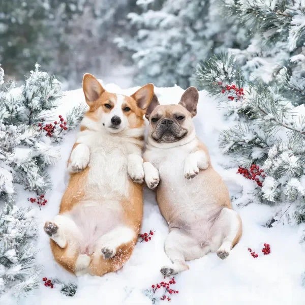 柯基犬与法国斗牛犬在雪地上并肩躺卧，浅棕色与浅米色毛发在雪地衬托下显得柔软，周围是覆雪松枝与红色浆果。