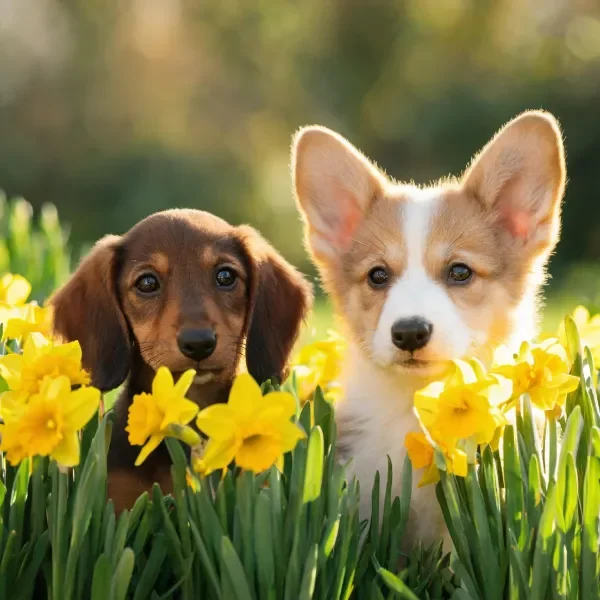 浅棕白相间的威尔士柯基犬与深棕色短毛腊肠犬在黄色水仙花旁，皮毛柔软且。